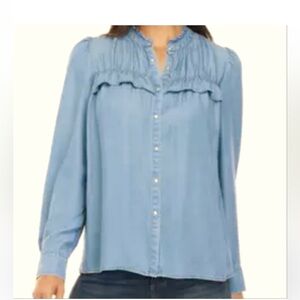 Wonderly Blue Chambray Ruffle Pearl Snap Button Down Blouse - Size M